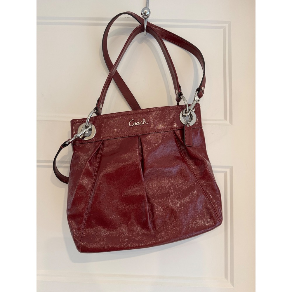 Coach Ashley Hippie Hobo Merlot Burgundy Patent Leather Bag F17953 Silver